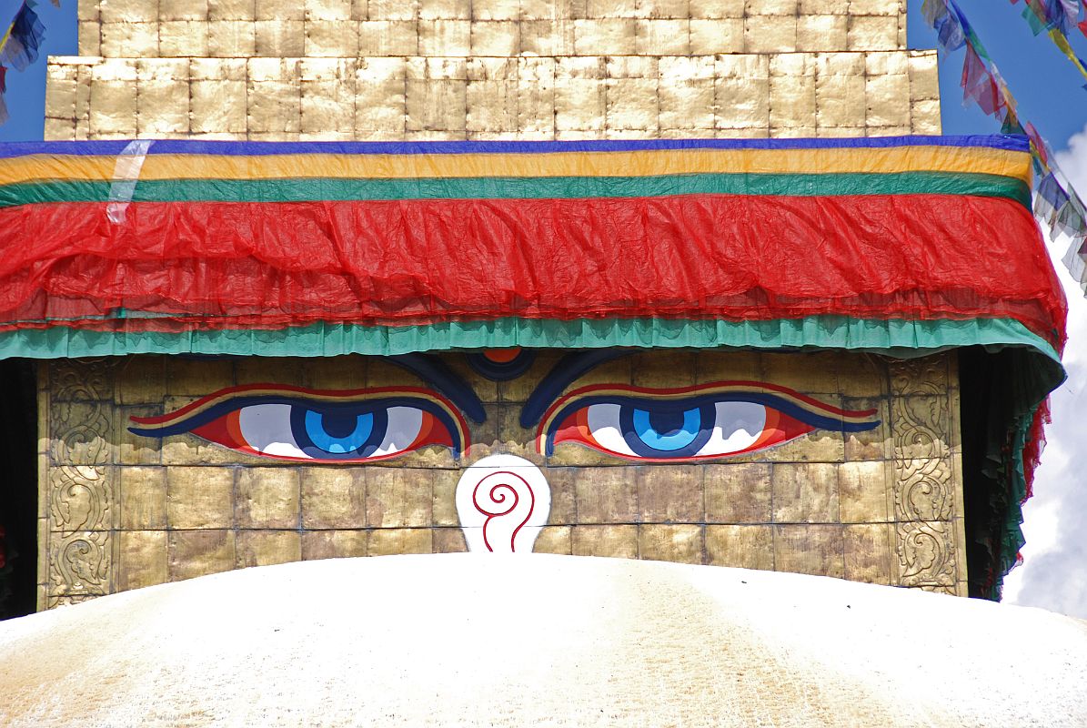 Kathmandu Boudhanath 05 Boudhanath Buddha Eyes Close Up The Buddha Eyes greet you to the Boudhanath Stupa near Kathmandu.